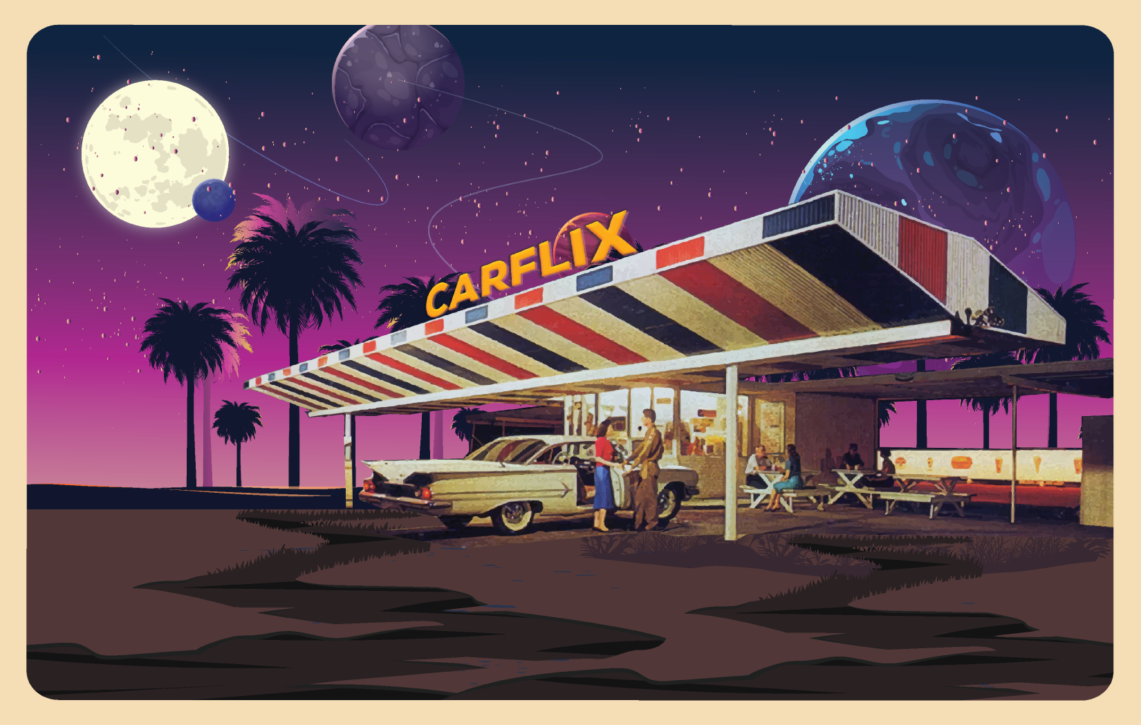 Carflix Drive In Space Cafe Retro Artwork